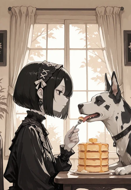 masterpiece, best quality, 1girl, solo, black hair, bob cut, hair band, hair between eyes, solid black eyes, detailed eyes, mole under eye, expressionless,(pale skin:0.7), goth fashion, food, food focus, pancake stacking, butter, table, holding, holding fork, feeding dog, window light, curtains, animal, dog, Great Dane, tongue out, soft light, warm light, painting \(medium\), scenery, from side, profile,limited palette,muted colors, flat colors,  fuyumur4s4ki_illu,