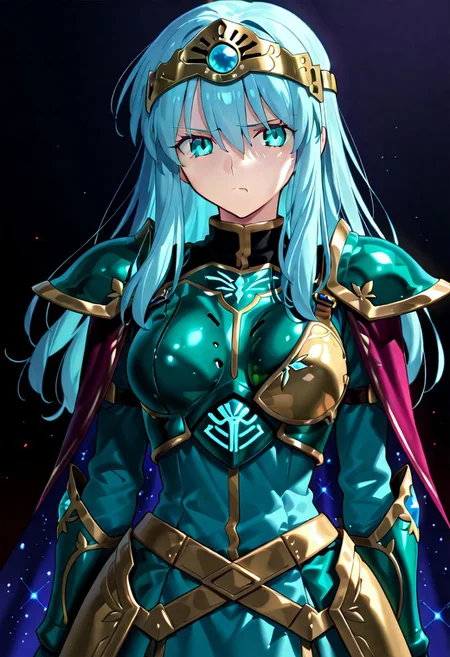 score_9, score_8_up, score_7_up, ((solo)), calm, pout, closed mouth, 1girl, solo, (medium breasts, thin waist, wide hips), peaceful, closed mouth, adult, (((eirika face))), (((cyan hair, cyan eyes))), ((long hair, hair between eyes)), (((indigo cape, metal headband, green metal_uniform, metal breast_armor))), no background, dark background, cowboy shot, dark background, portrait, Expressiveh,