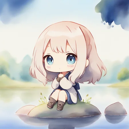1girl, chibi, lake, scenery, depth of field, 8k, high resolution, burry background, watercolor,
