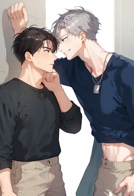 embedding:Pony\Positive\zPDXL3, score_9, score_8_up, score_7_up, passion_ilay, 2boys, grey hair, grey eyes, dogtag necklace, nipples, pectorals, abs, navel, pubic hair, kabedon from side, against wall, look at another, smirk