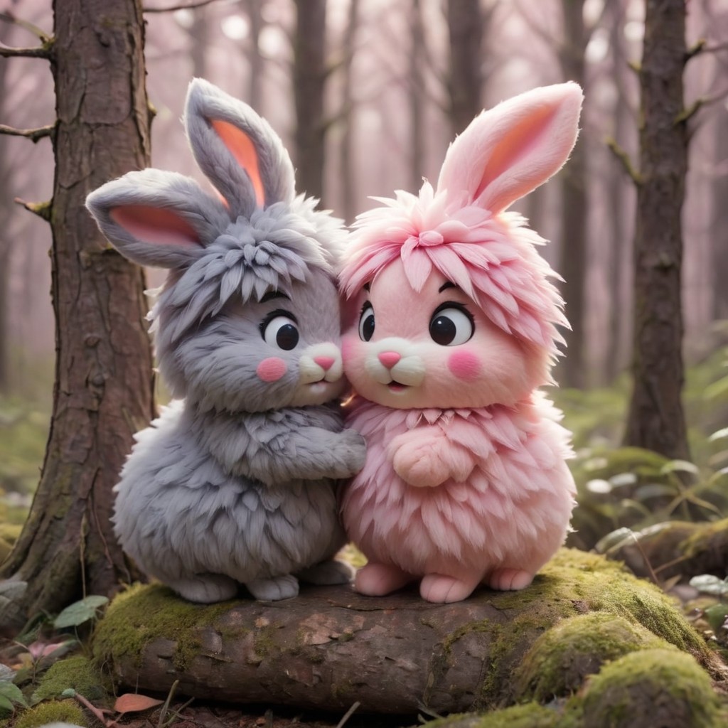 source_anime, Cute wonderful creatures, Microphotography, chibi, cute  fluffy rabbits ,pink and grey, in a dreamy forest, ispzxll, In a felt puppet world style,