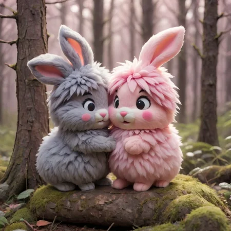 source_anime, Cute wonderful creatures, Microphotography, chibi, cute fluffy rabbits ,pink and grey, in a dreamy forest, ispzxll, In a felt puppet world style,