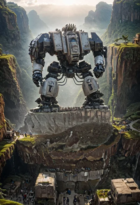 (Huge  mecha robots WITH NION totem carry huge stone blocks:1.5), 
(Ancient megalithic civilization, Azka Lines, on Easter Island:1.1), (The colonial city of the future, in the mist-filled Grand Canyon, on an unknown Earth-like planet, 2 moon on sky, Spaceship flight connects colonies, waterfulls:1), (Machu Picchu, a mountain settlement, incredibly spectacular:1),  (avant-garde, future, reality, science fiction, photorealistic), White limestone with black granite, fountain, waterfall, landmark, square, path, narrow street, (Large Files, Ultra Realistic, 8K, 16k, FHD, HD, VFX, Perfect, Photography, composition, Architecture Sales Photography, Architecture Competition, Ultra High Resolution, Cinematography, High Resolution Image:1), (dramatic lighting, direct sunlight, ray tracing, clear shadow:1), (real landscape:1), (blurred background:1.0), (urban background, more_details) ,
extremely detailed, industrialbuilding, drdnght machine, spstation, mayamaze, caveruinsAerial