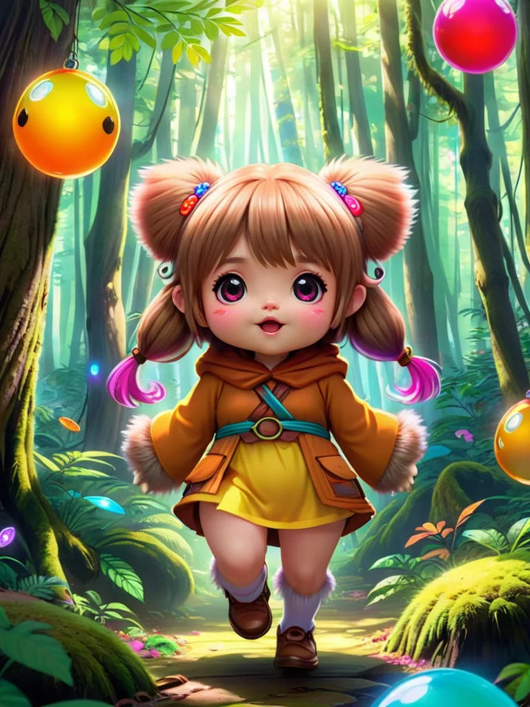 1girl,kawaii style an ewok mystic, enchanted forrest, colorful ethereal orbs floating in the air,  <lora:SDXLFaeTastic2400:0.3>,  <lora:huge_anime_eyes:0.4> huge anime eyes, . cute, adorable, brightly colored, cheerful, anime influence, highly detailed <lora:HanXue_SDXL-000008:0.6>