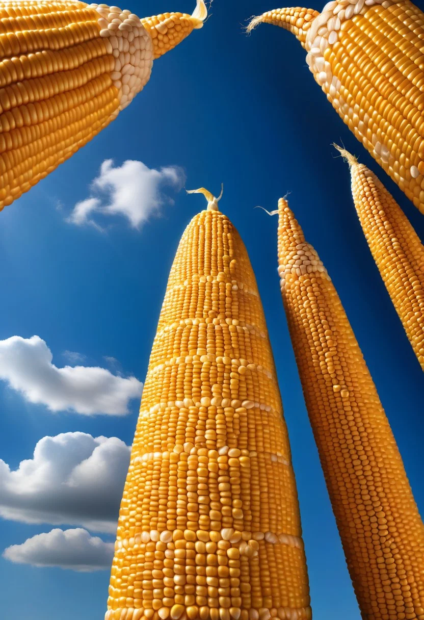 photo of a giant skyscaper made out of Jed-CornK corn kernels under blue sky