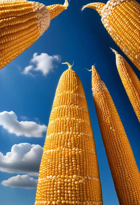 photo of a giant skyscaper made out of Jed-CornK corn kernels under blue sky
