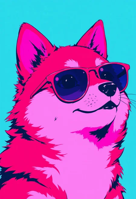 high contrast neon anime style in pink and teal, Shiba inu with sunglasses