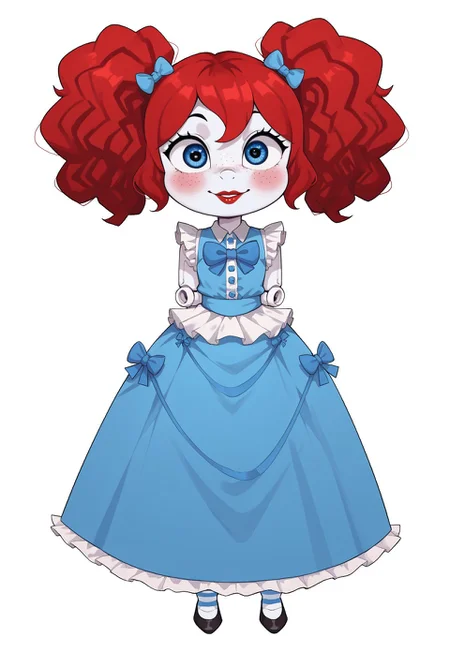 safe_pos, score_9, score_8_up, score_7_up, score_6_up,  2d, source_anime, 1girl, poppy (poppy playtime), short twintails, drill hair, red hair, freckles, frills, rosy cheeks, blue ribbons holding hair, hair ornaments, petite, big head, doll body, wide wips, curvy, pale skin, doll joints, red lipstick, blue eyes, blue leotard, long skirt, ruffled leotard, black footwear, striped thighhighs, thighhigh, doll girl, full body, arms behind back, bow to viewer, looking at viewer, smile, shy, blush, white background
