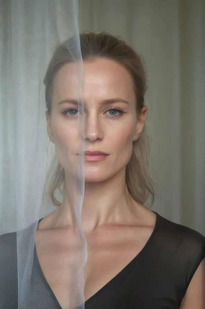 BMAIW, portrait photo of a woman, behind transparent curtains <lora:BMAIW_sdxl_scaled_128:0.75>