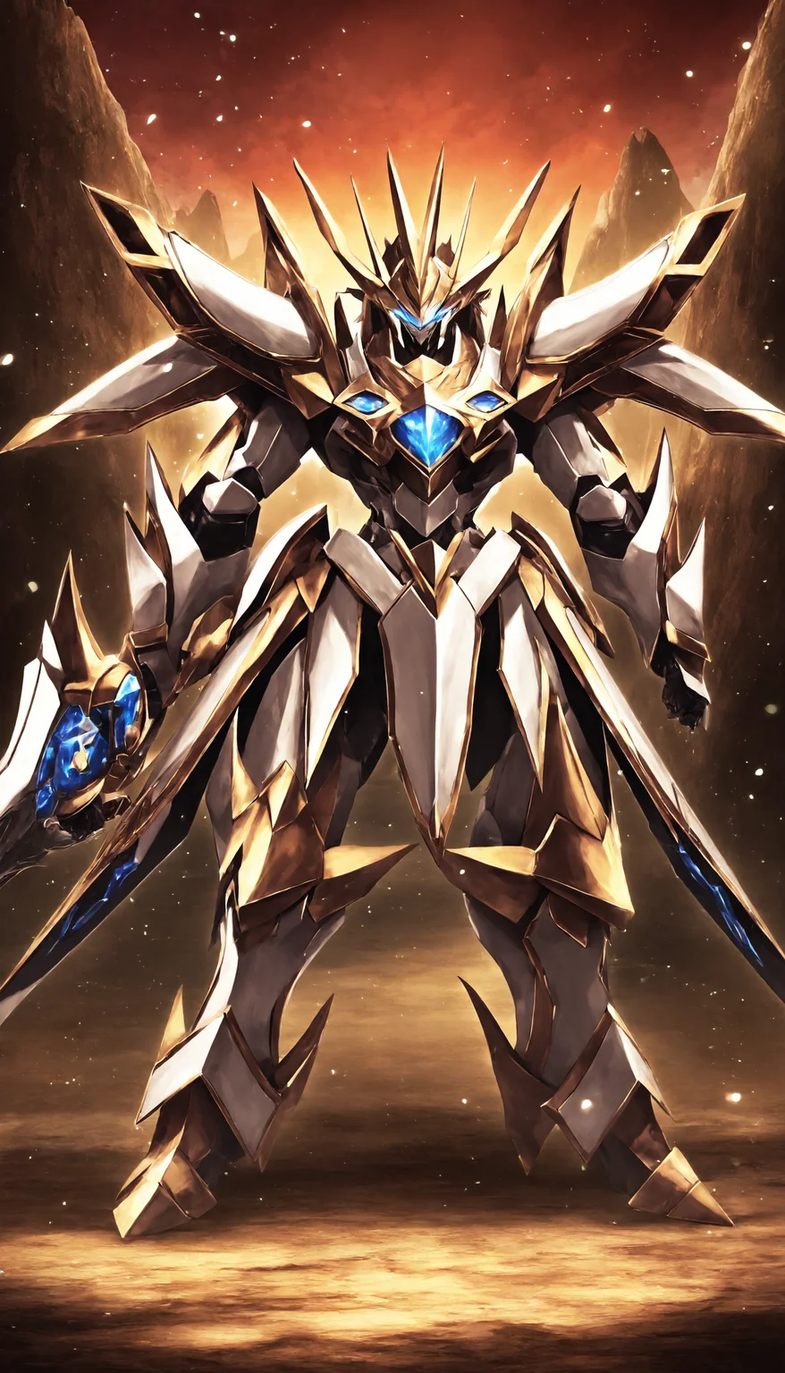 masterpiece,best quality,good quality,newest,(cinematic scene:1.5),(fantasy:1.5),(FRS:1.5),mecha,(mecha armor:1.2),(standing:1.5),(holding weapon:1.5),(battle effect:1.6),light particles,light trail,growing eyes,8k professional epic,<lora:srdxl_v2_7_7_for_IllustriousXL_v01:0.8>,