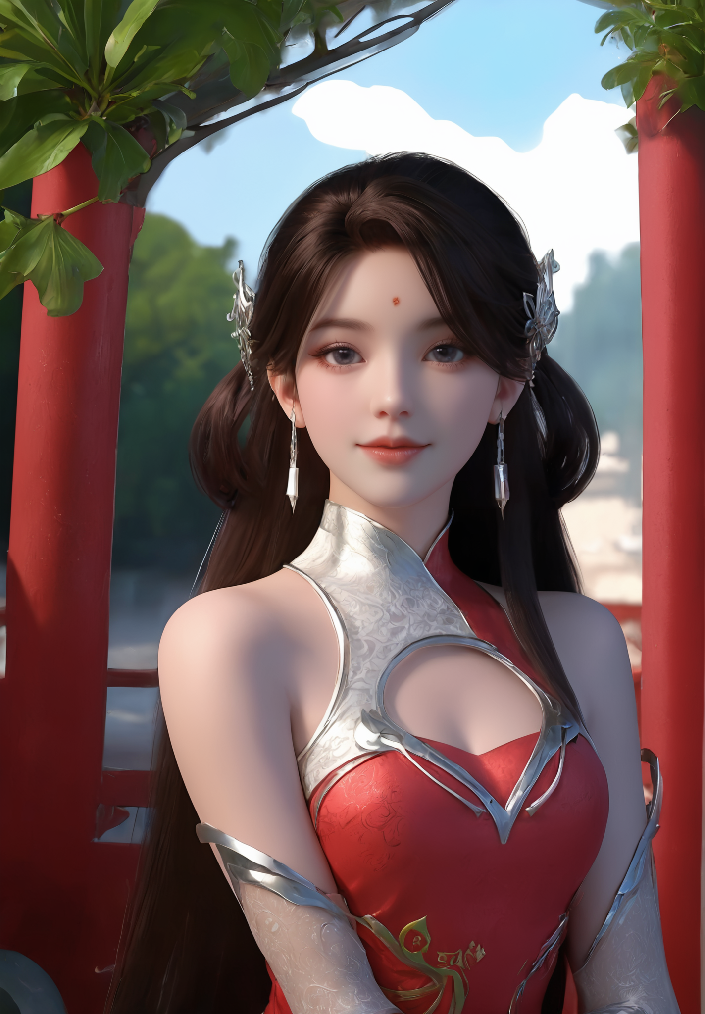 looking_at_viewer,cowboy_shot,(locked_arms:1.2),1girl,solo,dress,(face light:1.5),hair ornament,portiart,from front,masterpiece,(best quality),official art,extremely detailed cg 8k wallpaper,((crystalstexture skin)),(extremely delicate and beautiful),solo,realistic,photo_\(medium\),hiqcgbody,chinese background,(smile:0.4),eye-contact,jewelry,<lora:huolinger_V4-000001:1>,red waistband,long hair,