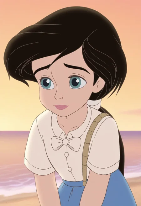 close up,melody,aqua eyes,thick eyebrowns,black hair,ponytail,pink lips,white hairband,arms down,white shirt,white bowtie,blue skirt,sea,yellow sunrise beach background