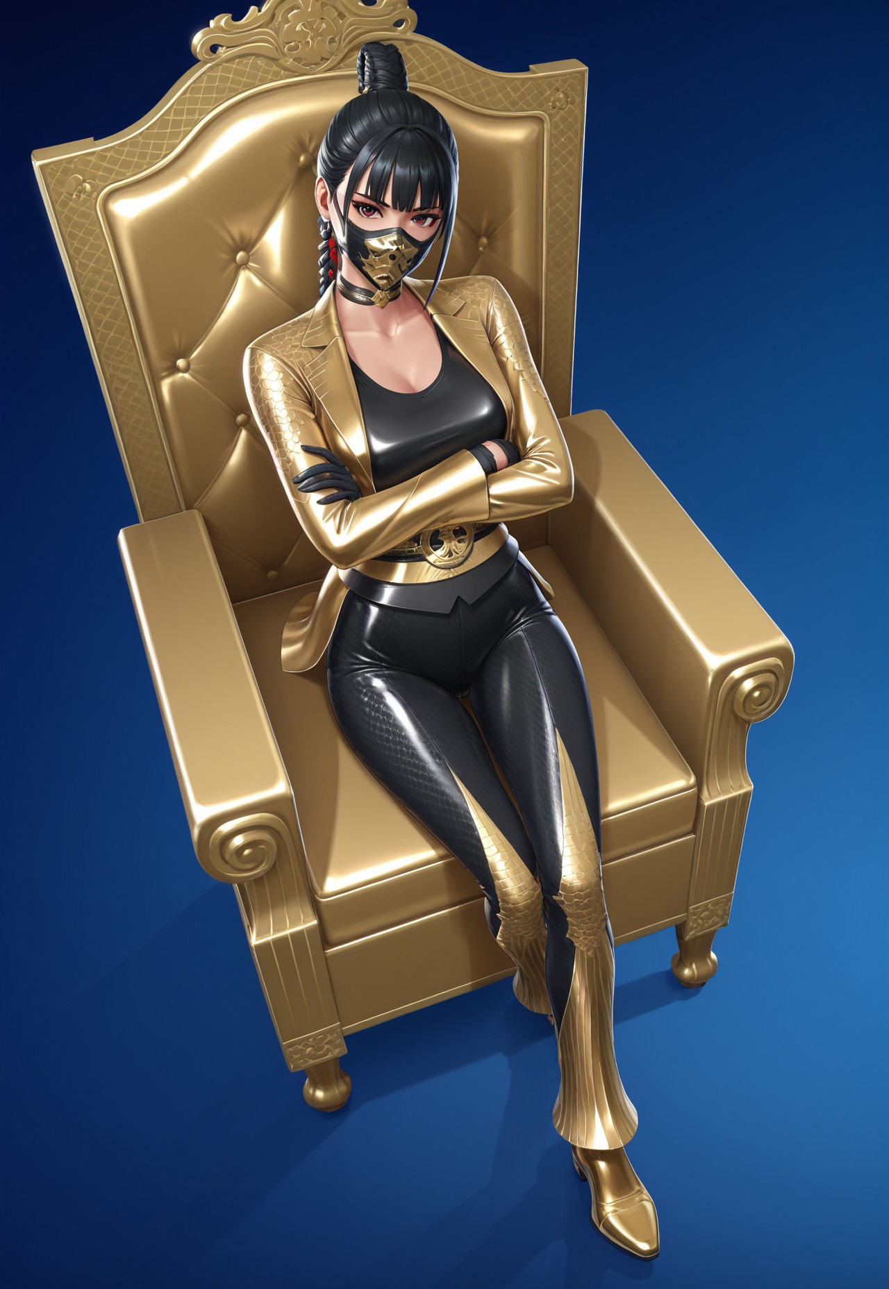 sitting on throne, full body, Yakuza Apartments, 3d, from above, looking at viewer, crossed arms, 

1girl, solo, LadyOfCranes, black hair, single braid, single hair bun, mouth mask, gold jacket, long sleeves, black gloves, belly belt, black and gold pants, gold footwear, shiny clothes,

absurdres, newest, masterpiece, best quality, very aesthetic, 
