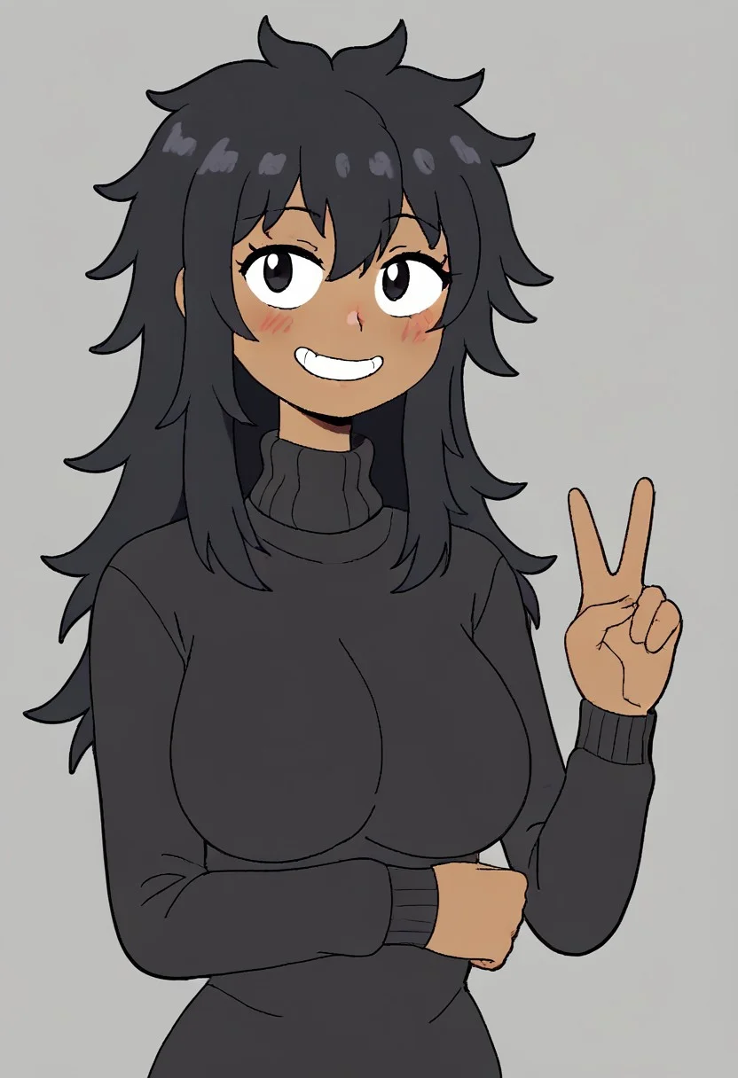 1girl, mestizo skin, dark skin, black hair, simple background, black sweater, turtleneck, smiling, blushing, long hair, messy hair, peace sign, FuruFlami