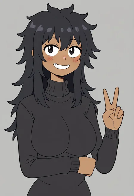 1girl, mestizo skin, dark skin, black hair, simple background, black sweater, turtleneck, smiling, blushing, long hair, messy hair, peace sign, FuruFlami