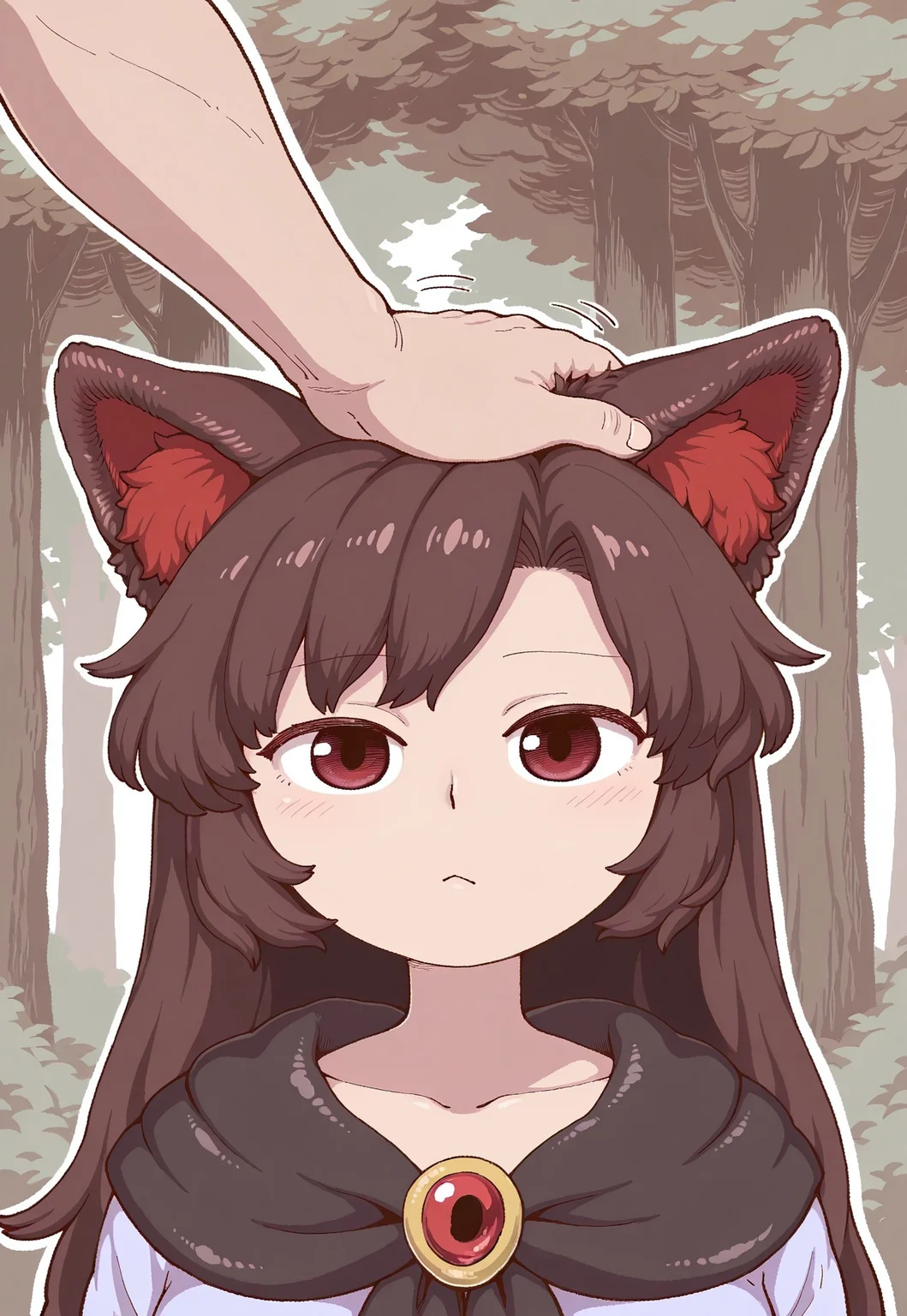 score_9, score_8_up, score_7_up, masterpiece, best quality, 1girl, (imaizumi kagerou, :<), (portrait), upper body, looking at viewer, headpat, forest background, drawn in poronegi style