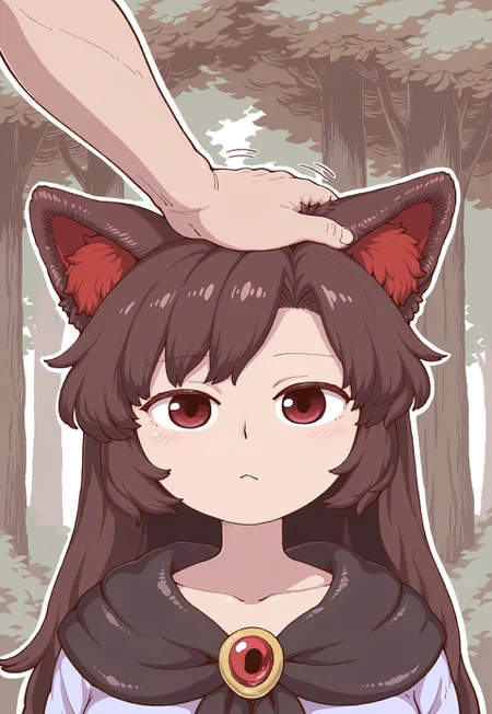 score_9, score_8_up, score_7_up, masterpiece, best quality, 1girl, (imaizumi kagerou, :<), (portrait), upper body, looking at viewer, headpat, forest background, drawn in poronegi style