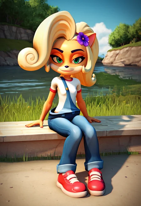 PonyXLV6_Scores,source_anime,masterpiece,best quality, highly detailed, perfect anatomy,amazing quality,3d,
BREAK
 <lora:coco:0.8>coco, 1girl, solo, shirt, overalls, green eyes, blonde hair, white shirt, hair ornament, animal ears, flower, sitting, hair flower, short sleeves, furry, half-closed eyes, grass, looking at viewer, furry female, long hair, shoes, red footwear, full body, pants, closed mouth, shiny, outdoors, shiny hair, body fur, ponytail, water,