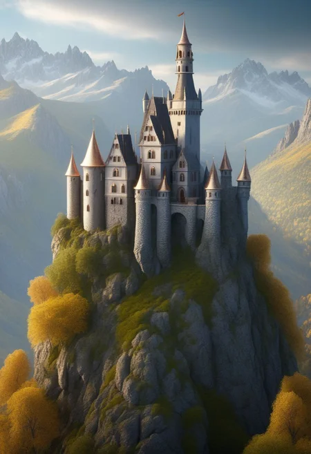 fairy tale castle on a (rock spire), mountain in background, best quality, masterpiece, illustration, realistic, photo-realistic, amazing, finely detail, incredibly absurdres, huge filesize, ultra-detailed, highres, extremely detailed CG unity 8k wallpaper