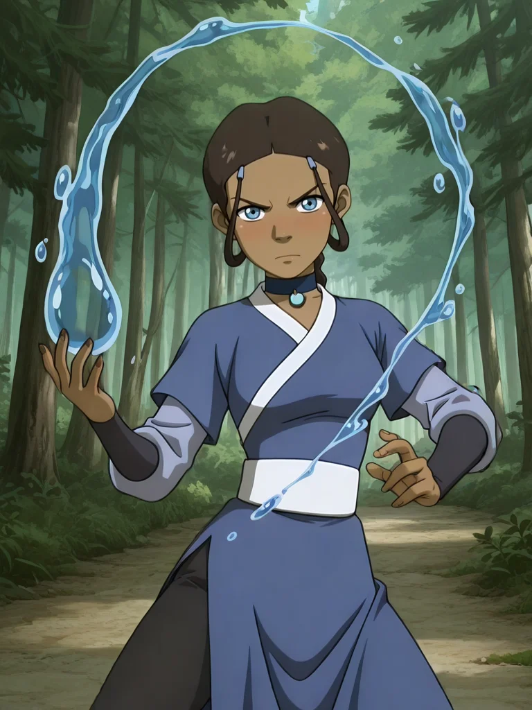 32k, Super-Resolution, <lora:illustrious_quality_modifiers_masterpieces_v1:1> masterpiece, (very aesthetic:1.2), absurdres, Digital Art, lazypos, body blush, 16-bit RGB, Artwork,(detailed:1.3) , <lora:StS-Illustrious-Detail-Slider-v1.0:4>, (dynamic pose:1.2),(mature female:1.2),cowboy shot, <lora:anime_screencap:1> anime screencap, anime coloring,
BREAK, looking at viewer, light smile,black bow, hair bow,day,
BREAK, , <lora:kataraV2:1>,,katara,brown hair, dark-skinned female, hair ornament, hairclip, braid, single braid, braided ponytail,blue eyes,
kataraDress,blue choker, short over long sleeves, blue dress, white sash, side slit, black pantyhose,, outdoors, nature, water bending, hydrokinesis, fighting stance, serious,