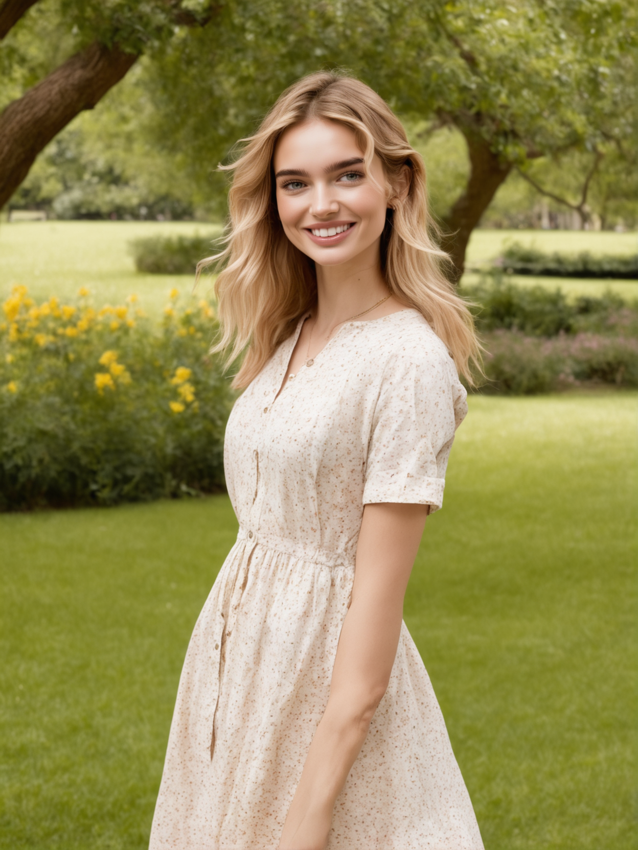 abbiesynthxl, standing, in the park, smiling, wearing a cotton dress
