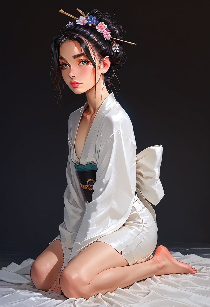 score_9, score_8_up, realistic, photo, highly detailed, fantasy, traditional media, 
/BREAK/ 
solo:1.1, alone:1.1, ((20 year old femboy), Japanese, black hair, feminine face, tall, slim, long face, slim waist, feminine jaws, ((huge eyelashes)), geisha makeup, Japanese kimono, background traditional Japanese home, detailed background, ((geisha make up)), bare feet, exposed feet, dark background, tiny mouth, dark eyes, cherry blossom, bright smile, ((kneeling))