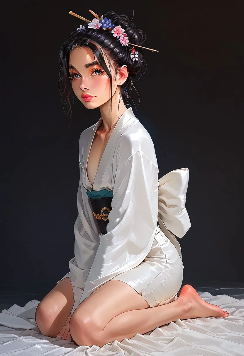 score_9, score_8_up, realistic, photo, highly detailed, fantasy, traditional media,
/BREAK/
solo:1.1, alone:1.1, ((20 year old femboy), Japanese, black hair, feminine face, tall, slim, long face, slim waist, feminine jaws, ((huge eyelashes)), geisha makeup, Japanese kimono, background traditional Japanese home, detailed background, ((geisha make up)), bare feet, exposed feet, dark background, tiny mouth, dark eyes, cherry blossom, bright smile, ((kneeling))