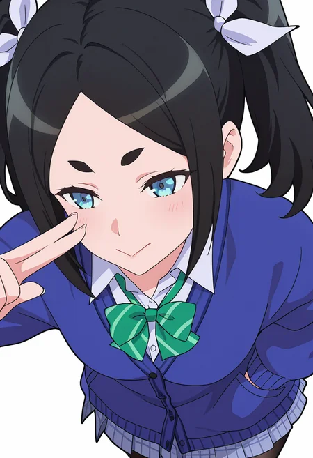 Smooth Quality,masterpiece,very intricate, high quality details, ultra realistic, high detailed skin,detailed enviorement,absurdres,
inward v,
 <lora:Dannar_Toxico_CNR:0.8> toxico_cnr, 1girl,black hair, twintails, blue eyes, thick eyebrows,toxico_school_cnr, school uniform, white shirt, collared shirt, blue cardigan,pleated skirt, black pantyhose, hair ribbon,green bow,green bowtie,, simple background, white background, dynamic angle,
walking pose, one hand in pocket, head slightly turned, casual stride,,, :>=,