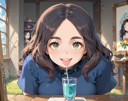 PonyScores7, source_anime, ah1, IllustriousQual, <lora:natsumi_style:0.5>, <lora:by_usakun-pony:0.4> by usakun, <lora:Akina_Bbw_Style_-_PonyXL:0.2> AkinBw
BREAK (Zoom Shot)
BREAK 1girl, mature female, (round face:1.2), (thick eyebrows:1.3), (curvy), round-chin, caucasian, (plump face), <lora:Round_face:0.2>, <lora:ETO_OCPonyXL:0.3> eto_oc, skindentation, (plump), thick thighs, wide hips, busty, voluptuous, lips, <lora:venus body PonyXL:0.3>, <lora:shinyskin2:0.2> glistening skin
BREAK  (((curly hair), long hair, (black hair:1.4), (parted hair:1.7), messy hair, kinky curls, <lora:hairdetailpxl:0.2> hairdetailpxl))
BREAK ((brown eyes), (colorful eyes), (multicolored eyes), (downturned eyes:1.4), <lora:expressive eyes:0.2> expressive eyes, <lora:eyedetailpxl:0.2> eyedetailpxl, <lora:Eyes_High_Definition:0.2> EyesHD)
BREAK ((goofy grin, tongue sticking out, wide eyes,  <lora:Expressive_H:0.2> Expressiveh, <lora:Emotional_Anime_Expressions_PonyXL_Concept:0.2> emotional, <lora:Best_Facial_Expression_LoRA_PONY:0.2>, looking at viewer, <lora:Detailed expressive EXEV style -XL Pony V1.0:0.2> FaceDetail))
BREAK ((sipping a mint mocha))
BREAK regal blue deep navy blue dress with gold embellishments paired with gold heels
BREAK (((leonardo da vinci painting the mona lisa)))
BREAK <lora:xl_more_art-full_v1:0.2>, <lora:aesthetic_anime_v1s:0.2>, <lora:EpicF4nta5yXL:0.2>, <lora:detailxl:0.2> detailxl, <lora:Fant5yP0ny:0.2>, best quality, amazing quality, best aesthetic, absurdres, illustration, Volumetric_Lighting, ultra-detailed, very aesthetic, intricate details, 8k, masterpiece, best_quality
BREAK Stable_Yogis_PDXL_Positives, AS-Adult, <lora:Complicated fantasy portrait - XL Pony V2.0:0.2>, bad-hands-5, <lora:HDA_Detailer:0.3>, HDA_FatGirlXL