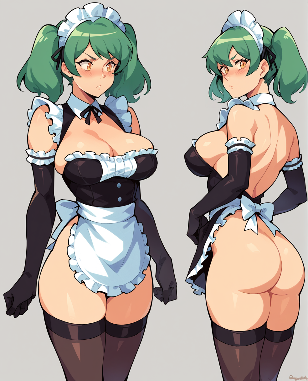 score_9, score_8_up, score_7_up,  <lora:SqueezableDrawsV2:0.8>
1girl, ass, black thighhighs, blush, breasts, cleavage, dress, elbow gloves, frills, from behind, gloves, green hair, grey background, large breasts, maid, maid headdress, medium hair, multiple views, short twintails, sideboob, solo, thighhighs, twintails, yellow eyes