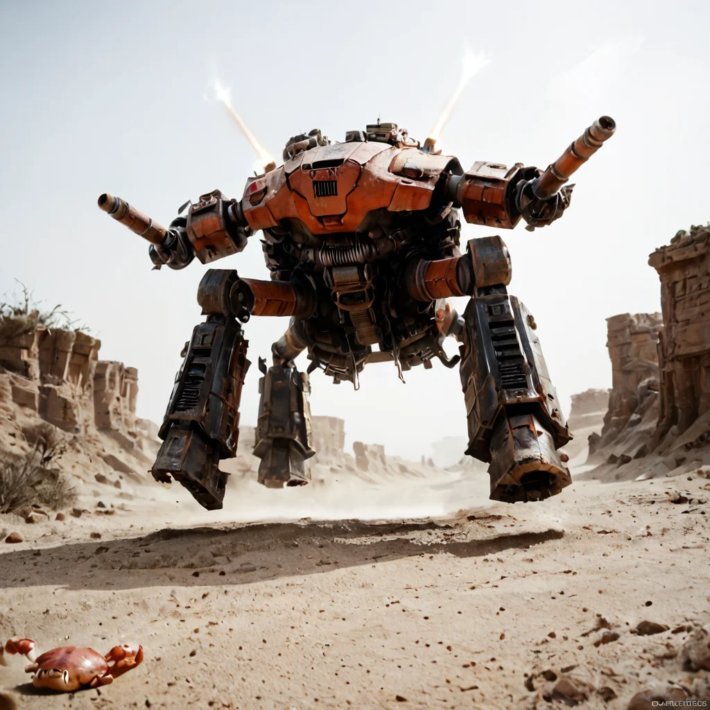 score_9, score_8_up, score_7_up, score_6_up, score_5_up, score_4_up, rating_safe,source_photo,detailed,a cyborg robot crab with exhaust pipes and laser turrets walking in a desert,from below,epic,apocalyptic,<lora:Ponyrealv3:1>,