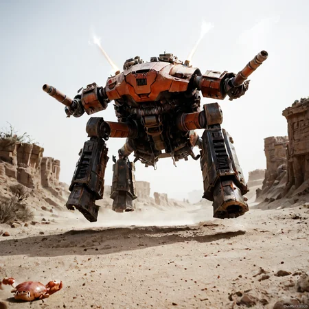 score_9, score_8_up, score_7_up, score_6_up, score_5_up, score_4_up, rating_safe,source_photo,detailed,a cyborg robot crab with exhaust pipes and laser turrets walking in a desert,from below,epic,apocalyptic,<lora:Ponyrealv3:1>,