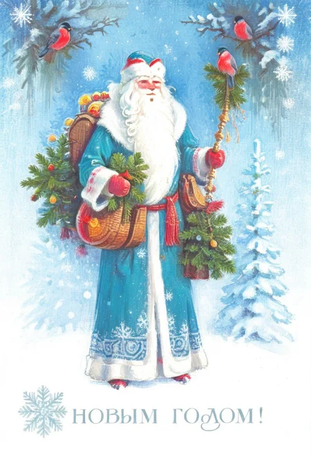 father frost, DedMoroz, postcard,,bird,white background,winter, scifi, shade of deepblue,darkgreen, soviet new year postcard, (s novym godom logo:1.2), <lora:mgl_Soviet_New_Year_Postcards:0.85>, landscape, winter, cosmos,dusk,forest,