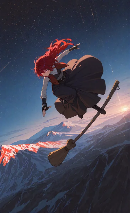 masterpiece, sharp detail, intricate detail, 1girl, detailed eyes, gradient eyes, highly detailed hairs, red hair, long hair, belt, long skirt, vest, fingerless gloves, dynamic pose, dynamic angle, standing, <lora:Broom Surfing:0.8>, broom surfing, long shot, partially illuminated, dappled light, dramatic shadows, cinematic lighting, detailed background, light and shadow contrast, starry sky, mountain, landscape,