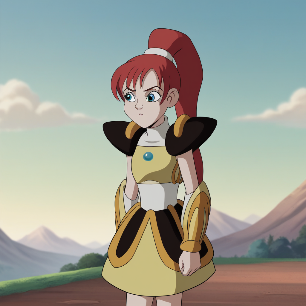 score_8_up, BREAK, PrincessSherbet, 1girl, solo, red hair, ponytail, high ponytail, long hair, blue eyes, armor, skirt, bracer,  <lora:Princess_Sherbet_PXL_Leaf2:0.8>, cowboy shot, outdoors,