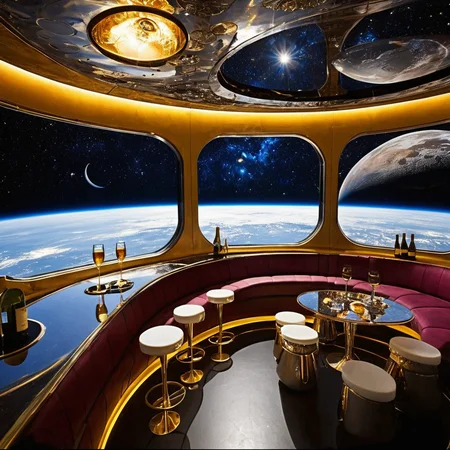 skybar,<lora:20240705-1720127504546:0.5>,a bar in the sky,bar on the moon,cosmic background,earth in the air,the astronauts drink,spaceship,window,outer space outside the window,champagne,wine glass,aluminum alloy material bar,best picture quality,masterpiece,
