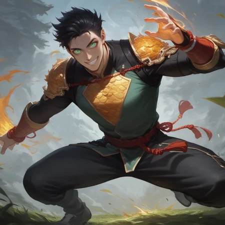 score_9, score_8_up, score_7_up, BREAK source_anime, source_cartoon, 1boy, happy, wide smile, ((expressive)), (((((chinese fighting pose)))), thin chin, solo, detailed face, detailed eyes, (Green eyes), white skin, black hair tied up, man with hair tied up, Chinese masculine hair ornament), very muscular man, muscular chest, broad shoulders, Chinese combat attire, green Chinese clothing, golden sleeves, (((golden scale pattern))), loose black pants, red rope belt 
BREAK
(((green fire in hands))), (flaming gauntlets in hands), green flaming eyes),
outside, grass, trees, flying leafs