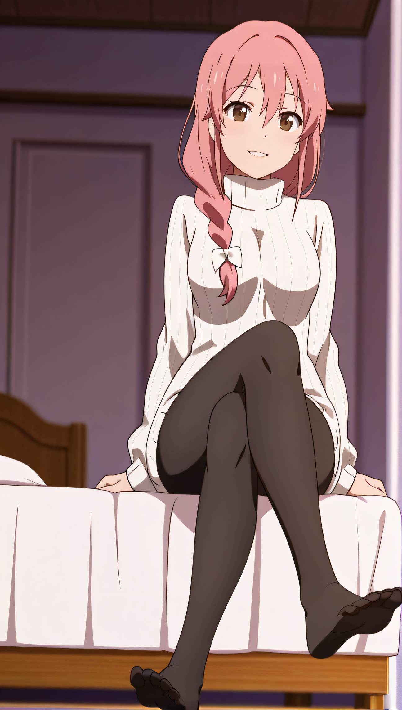 masterpiece, best quality, highres, newest, 1girl, solo, official style, anime screencap, <lora:Subaru_Mom:1>, subarumother, pink hair, hair over shoulder, hair bow, braid, brown eyes, white sweater, turtleneck, medium breasts, black pantyhose, looking at viewer:1.3, smile, indoor, sitting on bed, full body, crossed legs, feet, parted lips, five toes