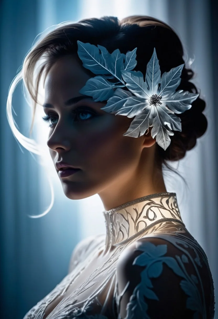 Cold Lighting, Well-visualised, opulent, Silhouette, double exposure, masterpiece, positive emotions, sharp focus, beautiful elegant, Depth of field 100mm, stunningly beautiful background,