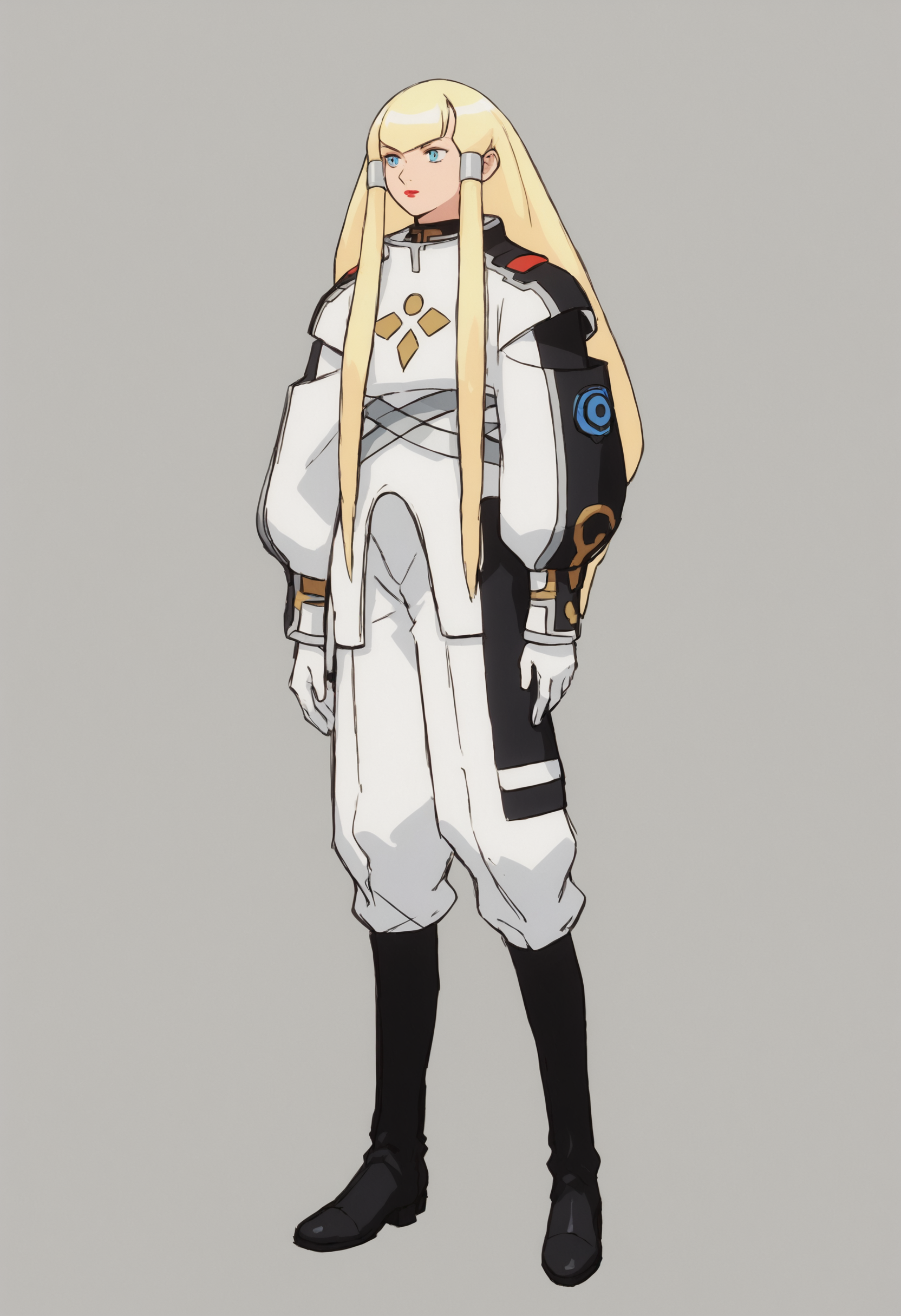 <lora:DianaTurnAPony1.0:0.8> Dianna, 1girl, solo, blonde hair, long hair, boots, blue eyes, uniform, gloves, makeup, full body, standing, black footwear, hair tubes, lipstick, white gloves, knee boots, bangs, sidelocks,  score_9, score_8_up, score_7_up, score_6_up, score_5_up, score_4_up,grey background,