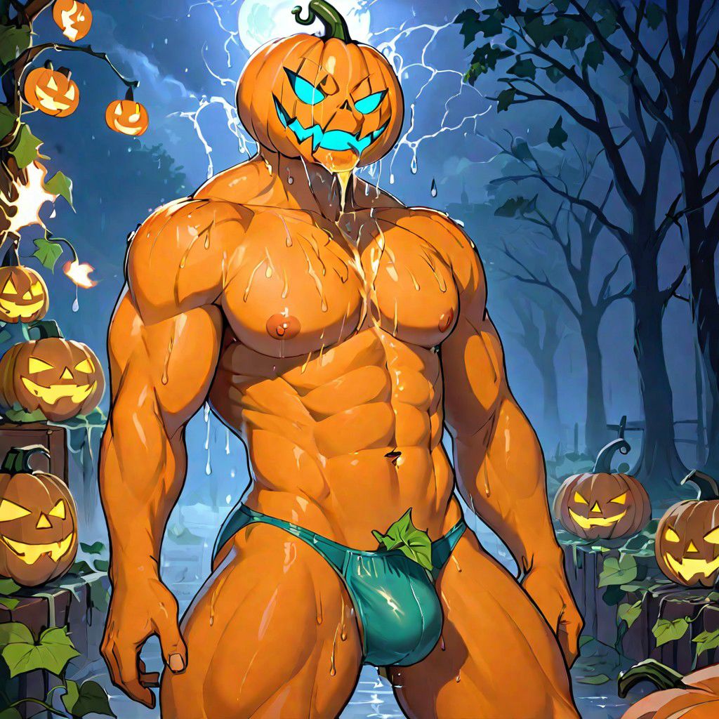 solo, bara, male focus, pumpkin vines covering body, pumpkin vines covering arms, pumpkin vine pubic hair, orange skin, pumpkin textured body, 8 pack abs, pectoral muscles, leafy chest leaves, leaf armpit hair, leafy boxers, male underwear, pumpkin head, pumpkin vines hair, relaxing, glowing eyes, glowing mouth, glowing pumpkin fire, male nipples, thick thighs, muscular legs, standing, kissing, realistic, photo realism, empty eye sockets, vine tongues, demonic pumpkin, blue demonic fire, tongue out, saliva, water running down body, night time, transparent rain, wet boxers brief, male under wear