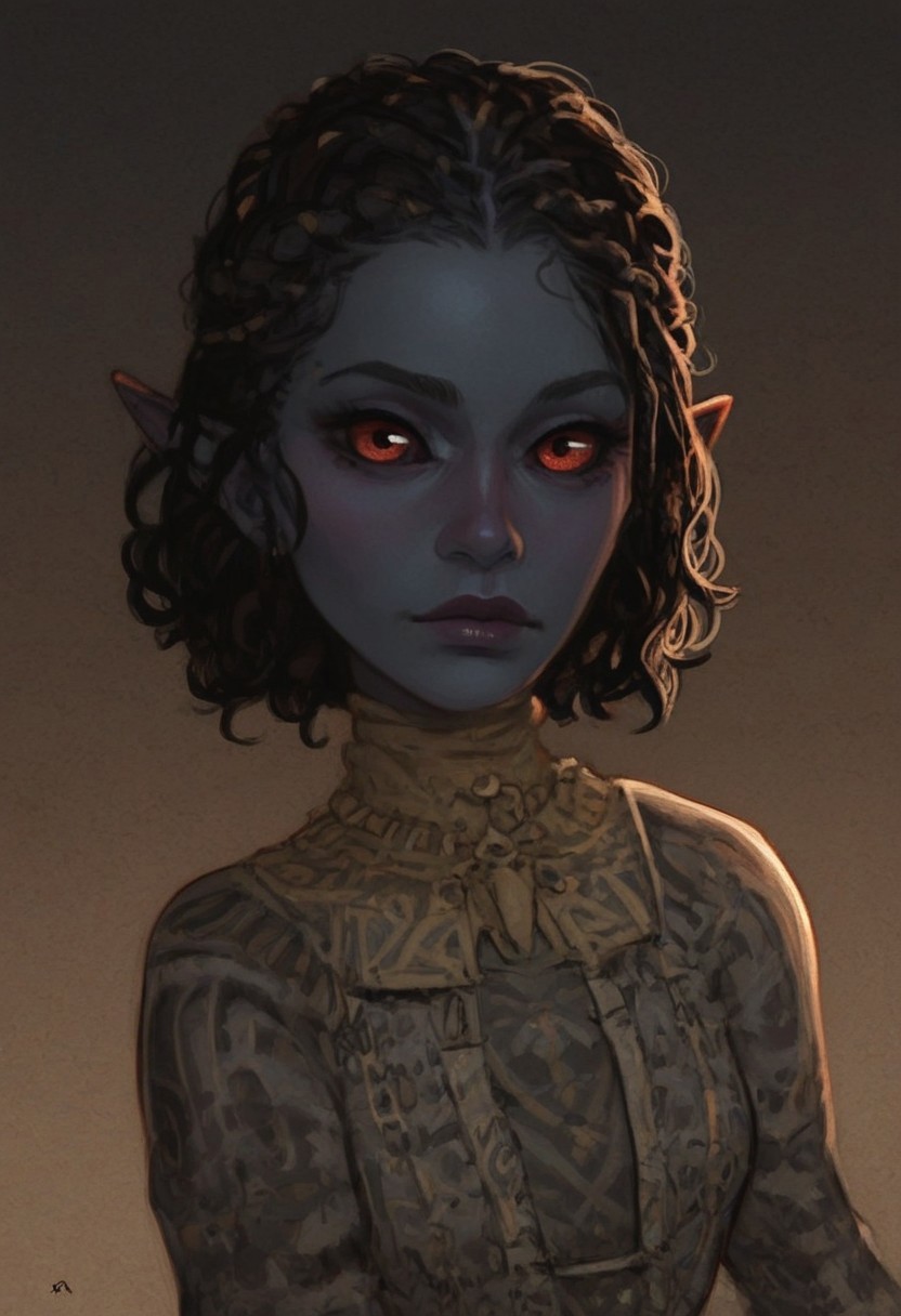 safe_pos, solo, short pointy ears, full body, fighting stance, piercings, random elf face, aquiline features, female dark elf, brow rings, beaded piercings, weathered skin, blue-grey skin, large nose, insect chitin armor, insect chitin helmet, insect chitin ornaments, stylized insect pattern, athletic build,  animated realism, zoomed out, Syrian features, torso, yurts, tents, native camp, elegant berber tapestries, dead desert trees, ash dunes, distant volcano, ashy soil, grey green foliage, distant grey hills, sunrise, gloomy lighting, grey fabric awnings, dark wood posts, light dust clouds, grey-blue skin, mahogany and ivory clothes, medium armor, bone plate armor, ivory straps and fittings, alien bone ornaments, grey wood neckguard, medium_breasts, grey sclera, black pupils, blue-green light, neon, highly detailed, defined features, looking at viewer, three quarters view, from side, dynamic lighting, 29 years old, light and shadows, patterned cloth, joking expression, expressive eyes, detailed medieval clothes, short hair, wavy hair, thick hair, beaded hair, braided hair, under cut hair, semirealistic, alien elf, spanish features, jewish features, black hair, dark red hair, desaturated blue skin, sharp features, pastel green inuit print cloak, nighttime, high detail, absurdres, pretty eyes, detailed eyes, red eyes,