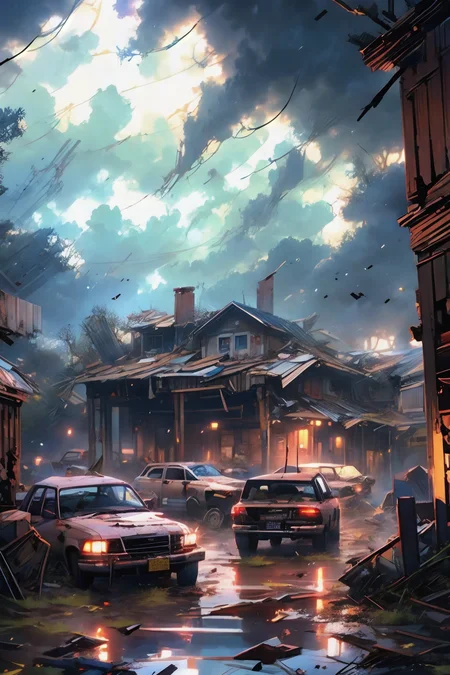 ((two tornadoes)), ((debris flying through the air)), destroyed houses, destroyed cars, hyper-realism, realistic, masterpiece, intricate details, best quality, highest detail, professional photography, detailed background, depth of field, insane details, intricate, aesthetic, photorealistic, extreme depth of field, Ultra HD, HDR, DTM, 8K
<lora:add_detail:1> <lora:20231114-1699945989034:0.8> Dark <lora:Wasteland:1> Wasteland