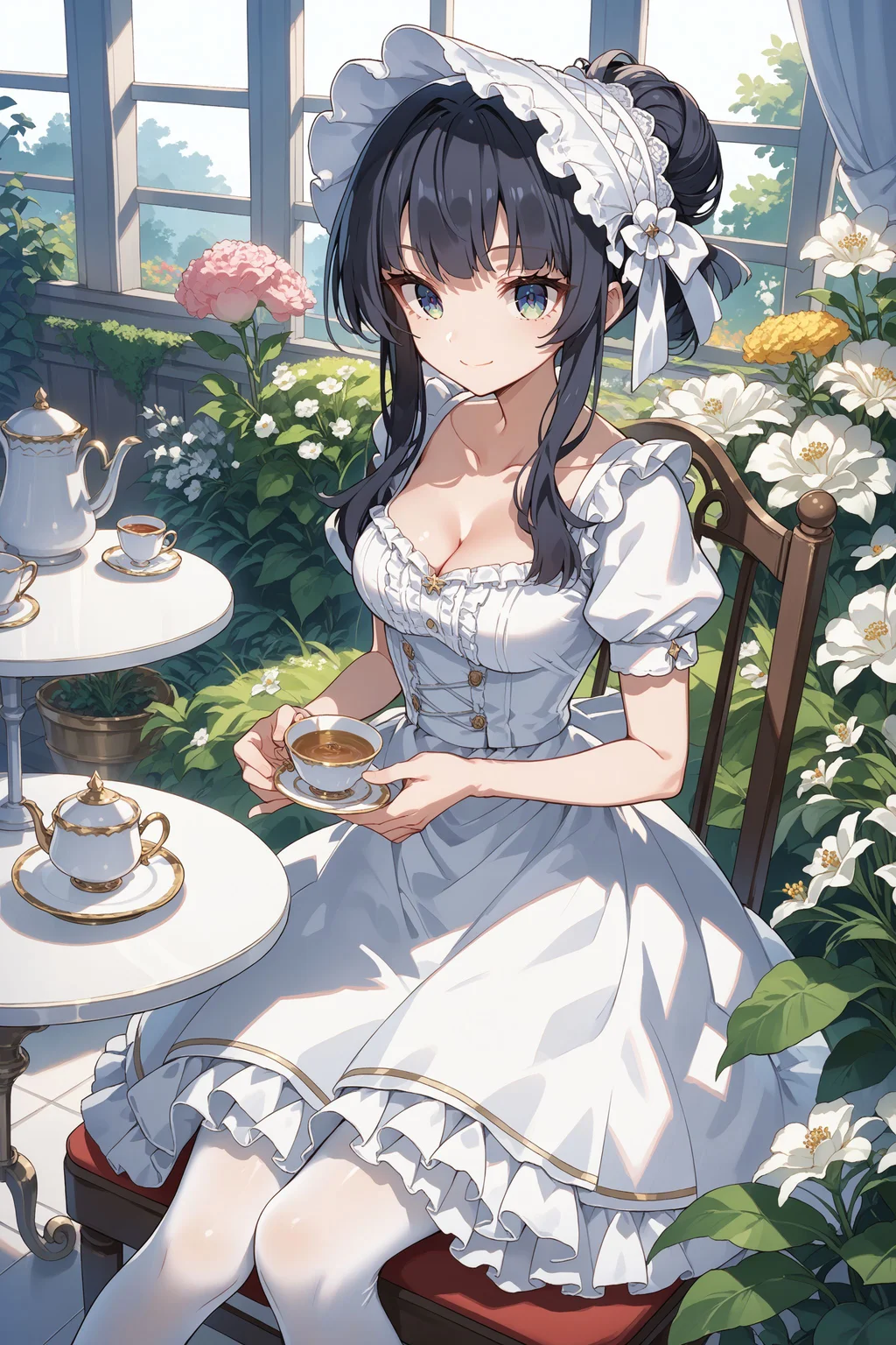 score_max, (score_9, score_8_up, score_7_up:1.2), score_6_up, official art, source_anime,
masterpiece, absurdres, high detail,
flower garden, white flower, greens, white table, white chair, from front,
sitting, holding saucer, holding teacup, light smile,
curren, black hair, bonnet, hair ribbon, white dress, collarbone, cleavage, puffy short sleeves, frilled skirt, white pantyhose, zettai ryouiki,
<lora:XL_Pony_gomaotsu-curren-t1:0.9>