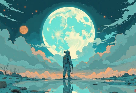 An astronaut standing alone on a vast, reflective surface that mirrors the sky above. The horizon blends seamlessly, making it appear as though the astronaut is floating in an endless expanse of space and water. A massive, full moon looms directly behind them, casting a soft, ethereal glow that illuminates the scene in shades of teal and dusky pink. Soft clouds, tinted with warm hues of pink and purple, drift across the sky, their shapes reflecting on the surface below, creating an almost dreamlike symmetry. The astronaut's figure is mirrored perfectly on the ground, adding to the surreal, otherworldly feeling of the scene. The air is still and silent, as if time has slowed down in this serene, cosmic landscape. A few stars are scattered across the sky, faint yet steady, adding depth to the vastness. The atmosphere feels calm and introspective, a moment of solitude and wonder as the astronaut gazes into the infinite unknownaa place where reality and imagination merge seamlessly.,
<lora:Anime v1.3:1.2> <lora:Blue_Future:0.9> <lora:Ethereal_Brush_Anime_v1.0:0.6> <lora:It's a LoRA for portraits, BUT! actually specialized in backgrounds. v1.0:0.2>