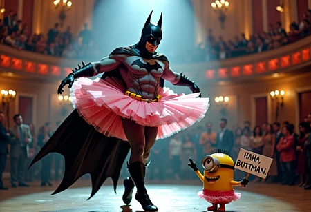 Under the spotlight on a grand stage, Batman, the Dark Knight himself, is dressed in a ridiculously frilly pink ballerina outfit, complete with a tutu, tights, and delicate ballet slippers. His usual brooding intensity is replaced by an awkward grace as he twirls and leaps, attempting to perform elegant pirouettes and grand jetés. The crowd watches in stunned silence, unsure whether to laugh or applaud, as Batman's cape occasionally gets tangled in his tutu, adding to the absurdity of the moment.
Front and center, a mischievous yellow Minion with one eye is doubled over with laughter, pointing straight at Batman with his tiny finger. The Minion holds a sign that says: “Haha, Buttman!” The crowd finally erupts into uncontrollable laughter, unable to contain themselves at the sight of Gotham's hero struggling to maintain his dignity in pink satin and tulle.
Batman, ever stoic, attempts to maintain his composure, but the combination of the Minion's taunt and his uncooperative tutu makes it impossible. Even the Bat can’t escape this hilariously humiliating moment, proving that even the toughest heroes aren’t immune to a little ballerina mishap.