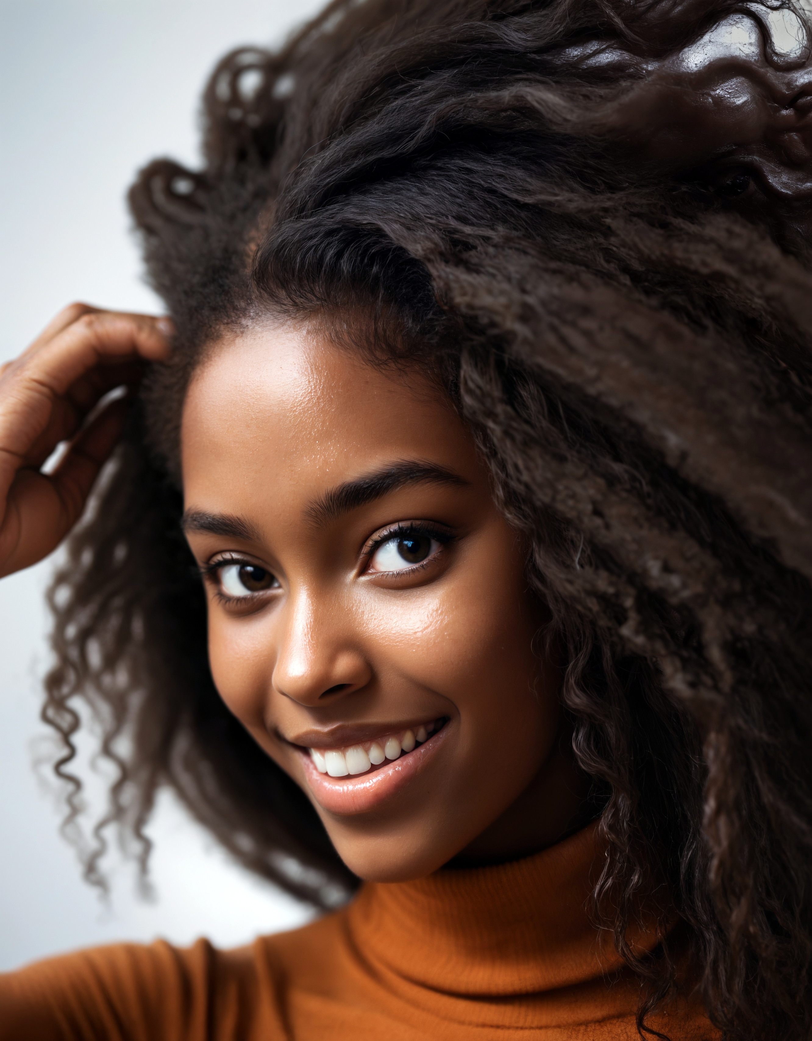 macro close-up shot of a cute black african Shin Hati smiling (combing her hair with her hands:1.2) looking at viewer seductively, luxurious looking turtleneck, extremely long curly hair, seductive, confident, skin pores, imperfections, natural, beautiful eyes, dark skin, black skin, (big hair), perfect teeth, (freckles:1.2), velus hairs, 100mm f/2.8 macro lens, film grain, candid camera, color graded cinematic, 1960s vintage RAW photo, eye catchlights, catchlights in eyes, dramatic lighting, atmospheric lighting, rembrandt lighting,