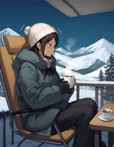 score_9, score_8_up, score_7_up, source_anime <lora:takahashi-maya-ponyxl-000035:1> takahashi maya, winter clothes,
1girl, solo, sitting, camping chair, trembling, coffee, mountain, night
