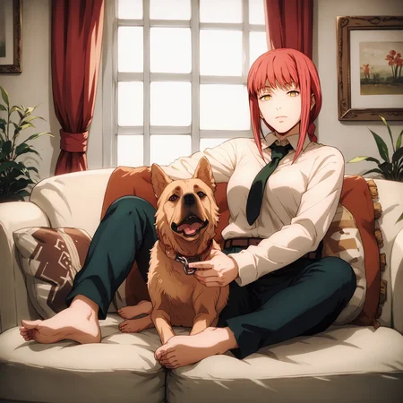 score_9. score_8_up, score_7_up, animeirl, 1girl, makima, yellow eyes, mature female, sofa, sitting, barefoot, holding a dog, dog chain, indoor, <lora:chainsawman_pony_v1-1_mx:0.9> <lora:Animeirl v3 GLoRA PDXL Anzhc:0.8> <lora:p3tl0v3XLP:0.6>