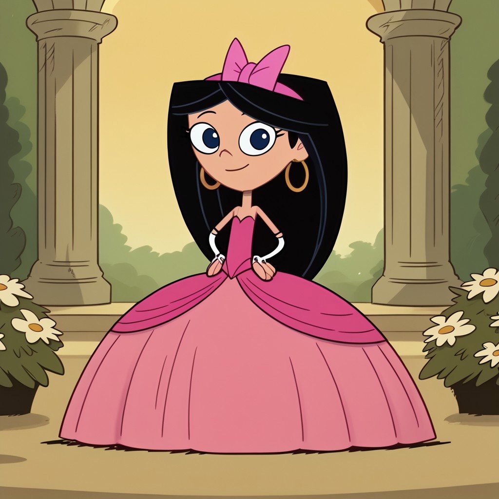 score_9, score_8_up, score_7_up BREAK IsaPF, 1girl, long black hair, dark blue eyes, pink bow, very long large straight tulle pink princess ball gown hoop skirt, ball gown hoop skirt, pink princess dress, hoopdress, my big princess gypsy wedding dress, ballgown, a girl in a dress posing for a picture, wearing long elbow length pink fingerless hook bridal gloves, she is smiling, closed mouth, ballgown, sexy pose, CrinolineDress, USE FACEFIX, cartoon, source_cartoon, smiling at viewer, full body, flower garden outdoors, flowers background, hands on hips,